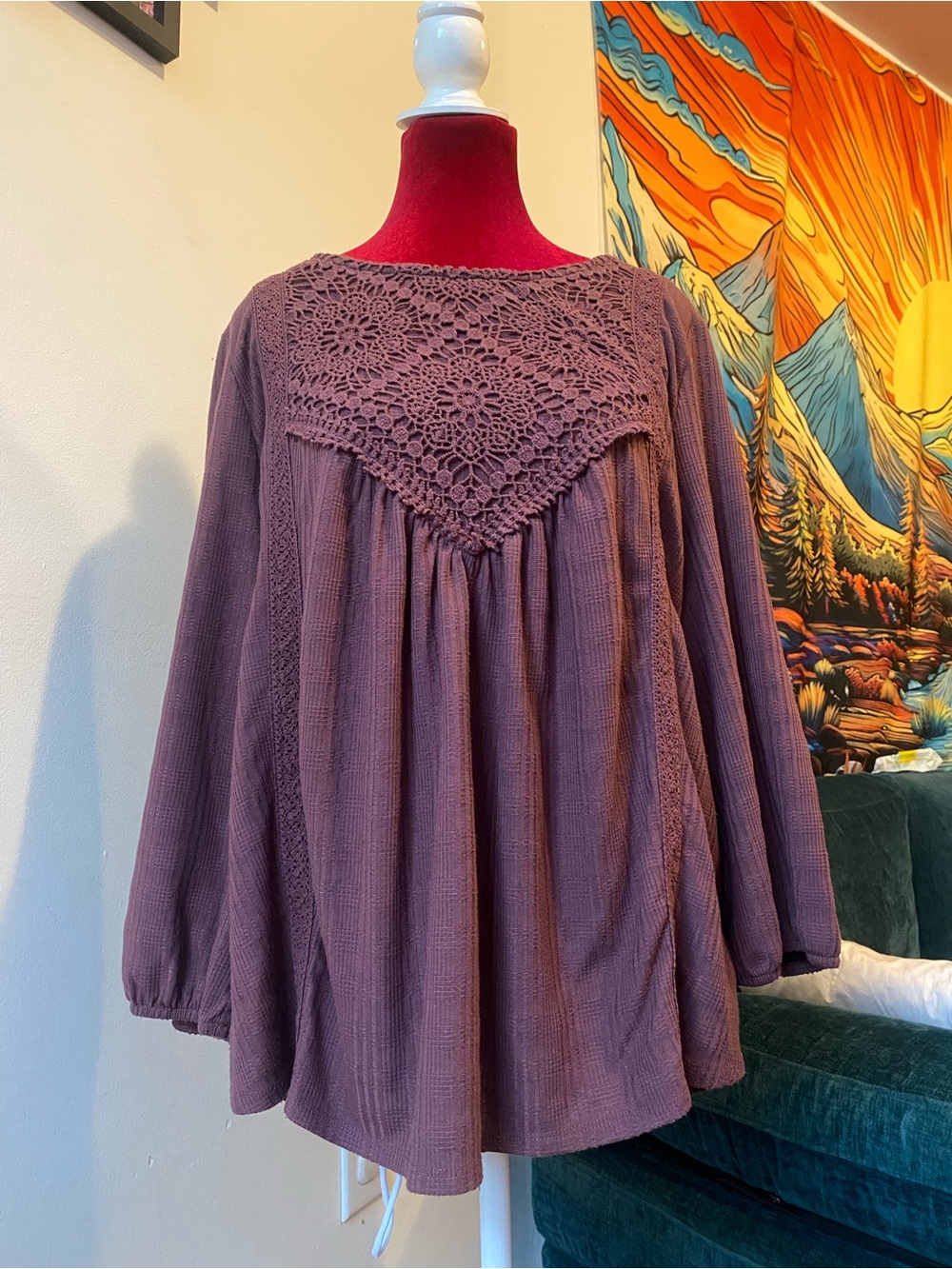 Maurices Crochet Yoke Peasant Tunic - Dusty Mauve